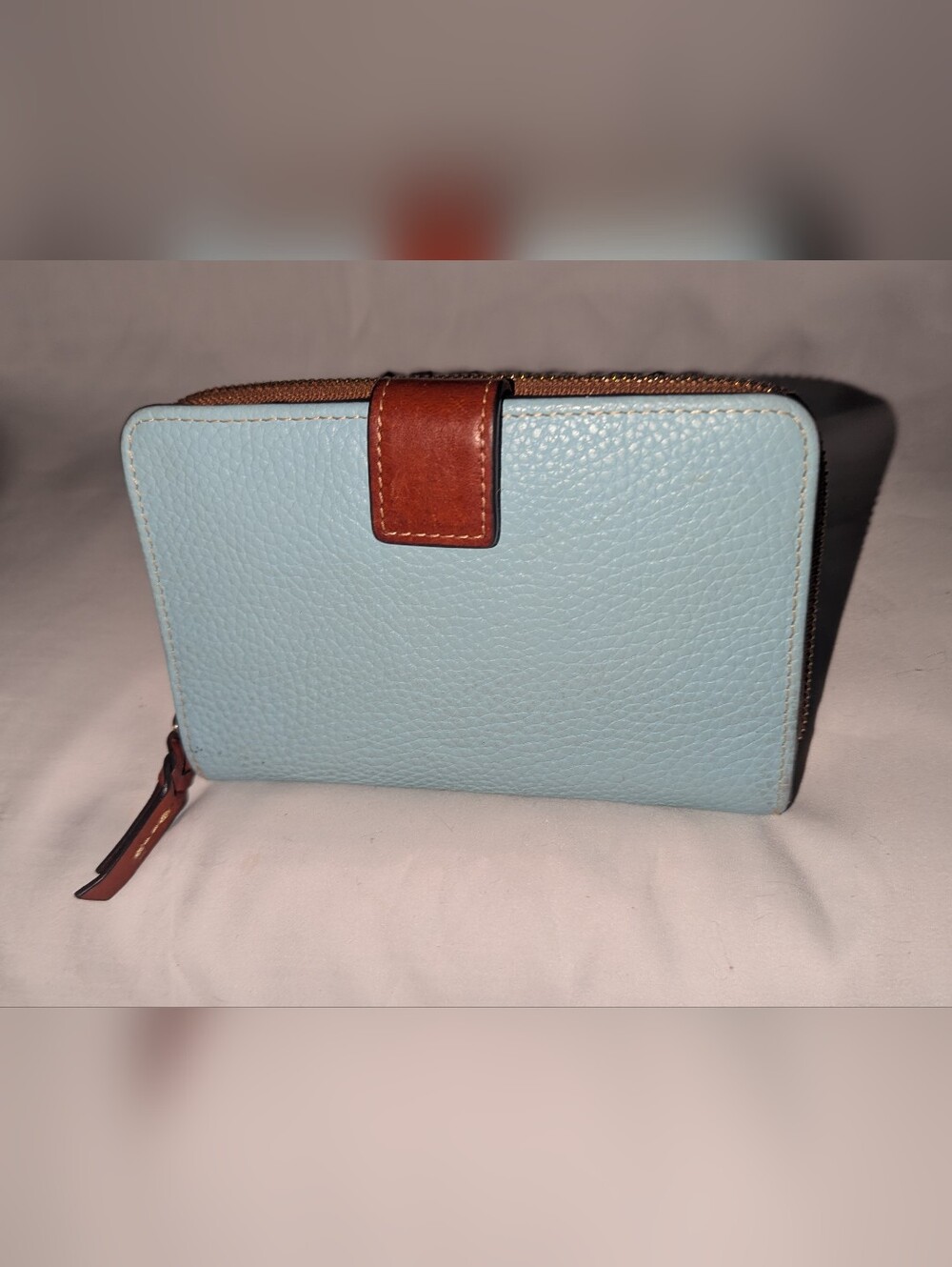 Dooney & Bourke Pale Blue Pebbled Leather Zip-Around Wallet with Brown Trim - Picture 2 of 10